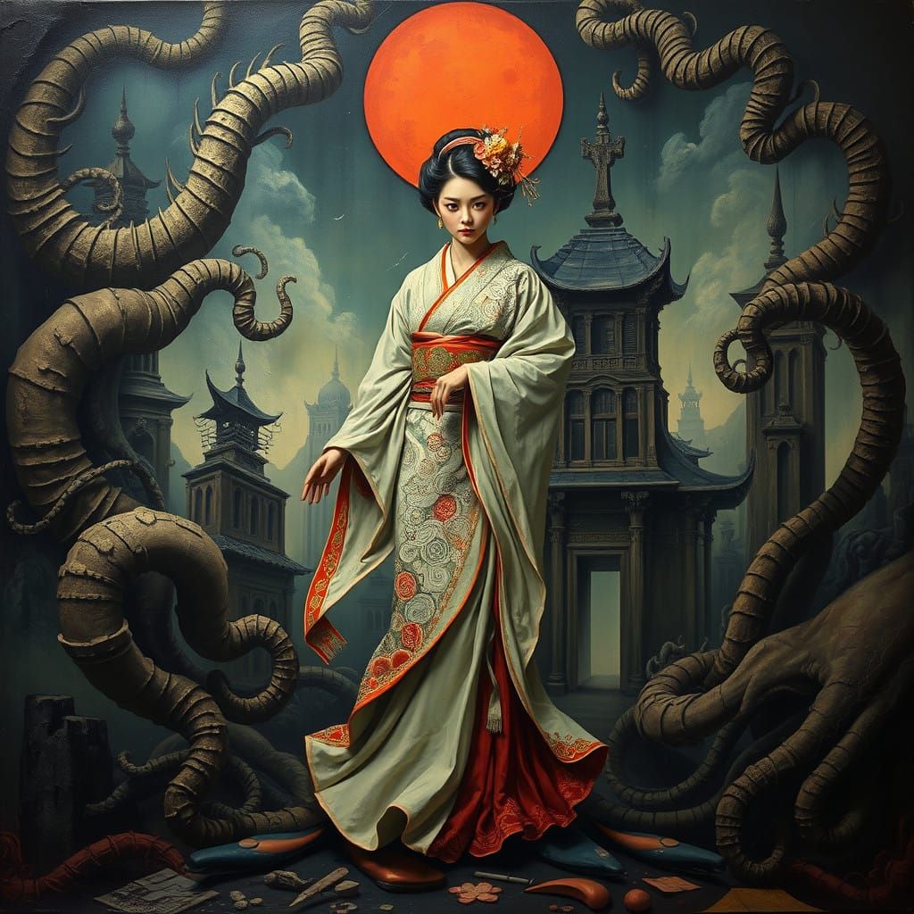 Cyberpunk Samurai Woman in Dreamlike Landscape