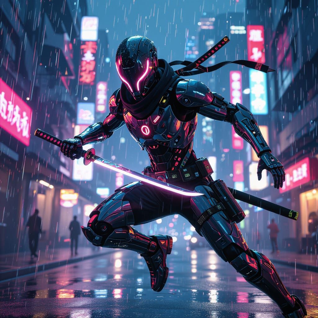 Cyborg Ninja Leaps Across Neon Cityscape in Cyberpunk Style