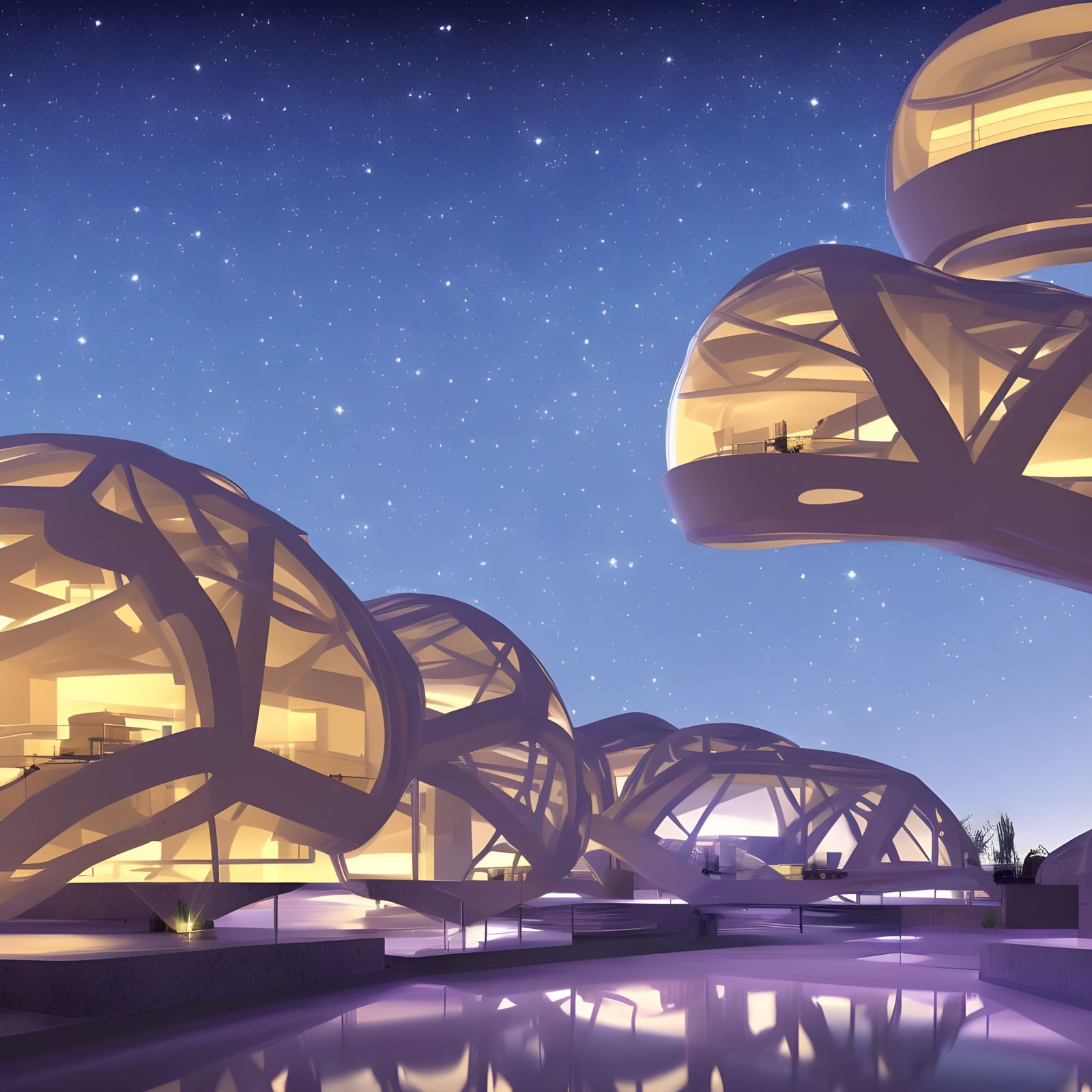 Futuristic Hotel Under Crystal Night Sky