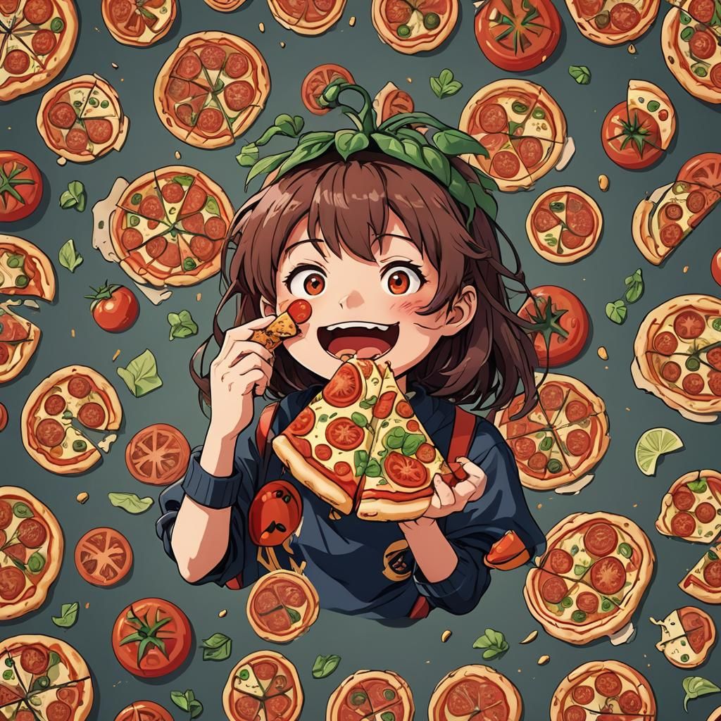 Tomato with a Face Eating Pizza in Anime Style