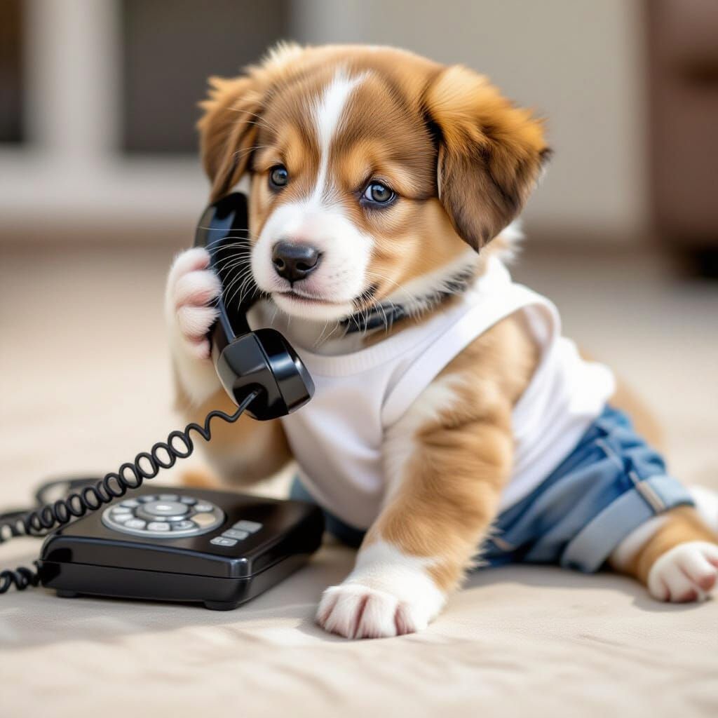 Puppy in Tank Top Plays with Phone