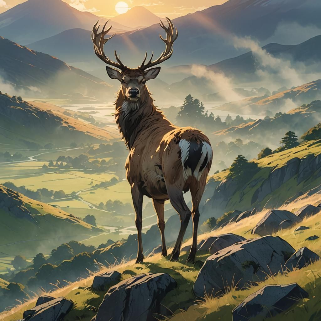 Stag in Scottish Highlands: Makoto Shinkai Anime Style