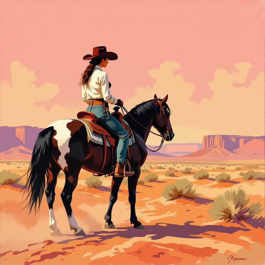 Female Gunslinger in Old West Town as Oil Painting