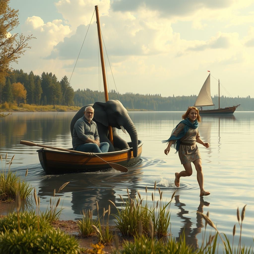 Eccentric Pair Sails on Lake Amidst Whimsical Nature Scene