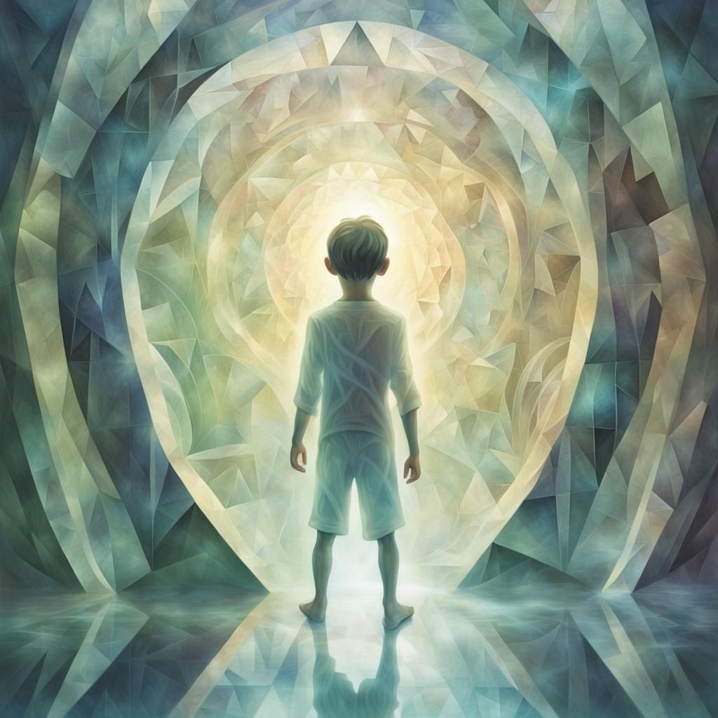 Spirit Boy Enters Magical Portal in Cubist Style