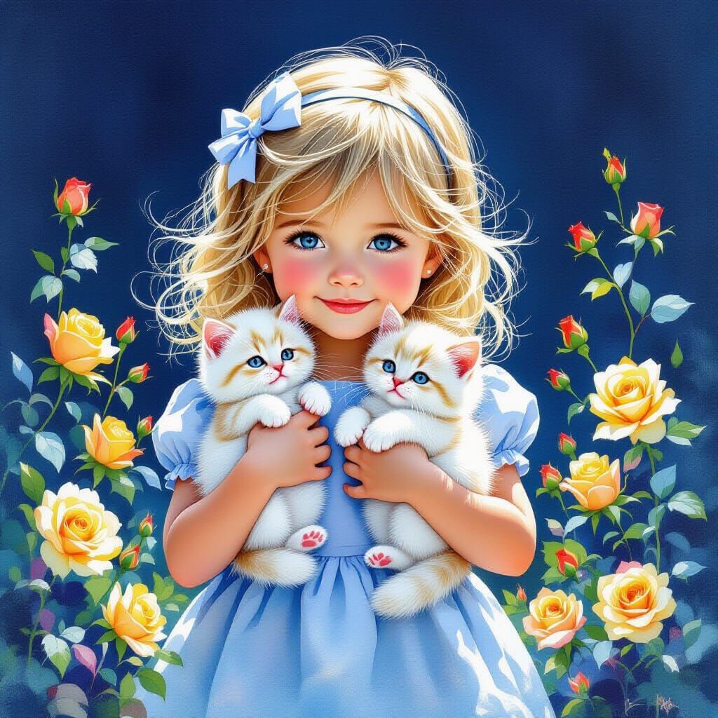 Whimsical watercolor navy background, Portrait of little blond girl in blue dress, holding tiny white pets
Persian kitte...