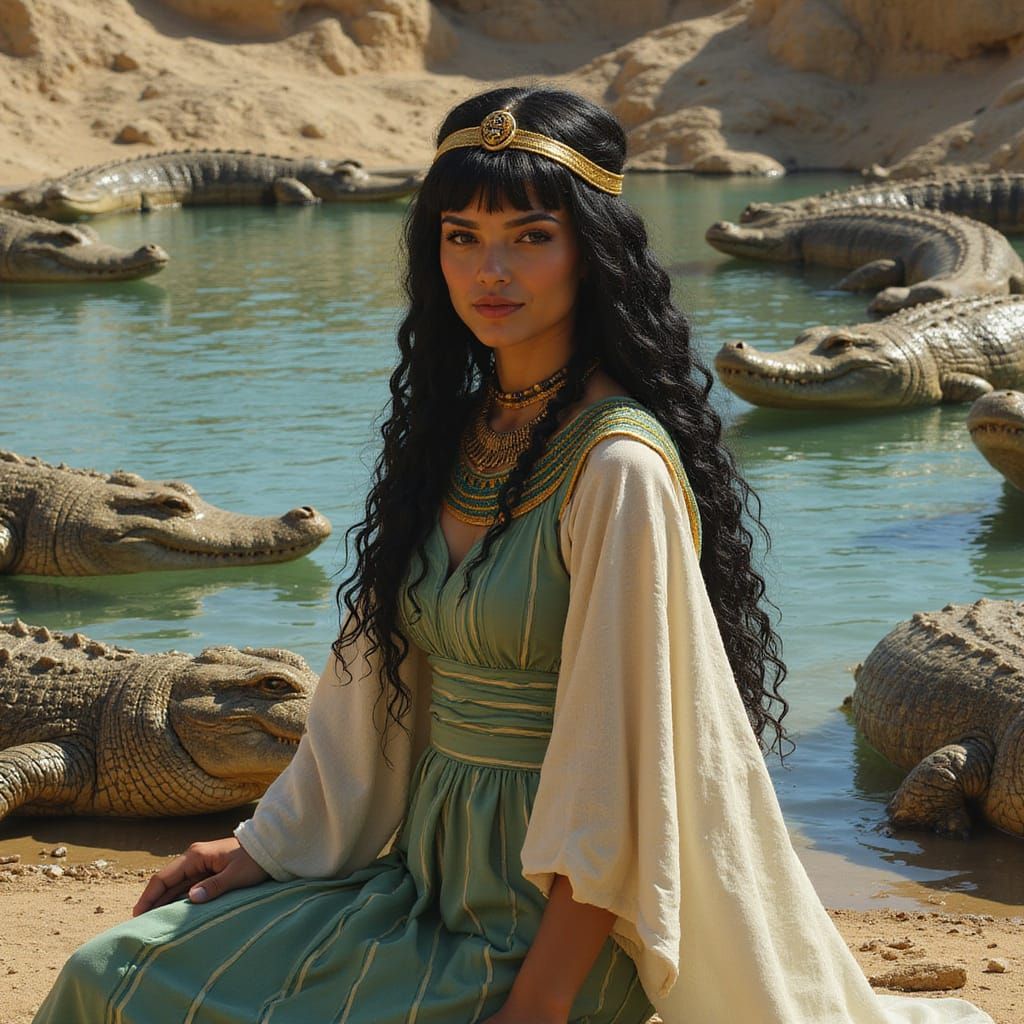 Egyptian Goddess Neb Hetep in Ancient Striped Linen Robes wi...