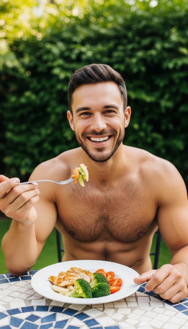Fit Man Smiling With Healthy Meal in Garden