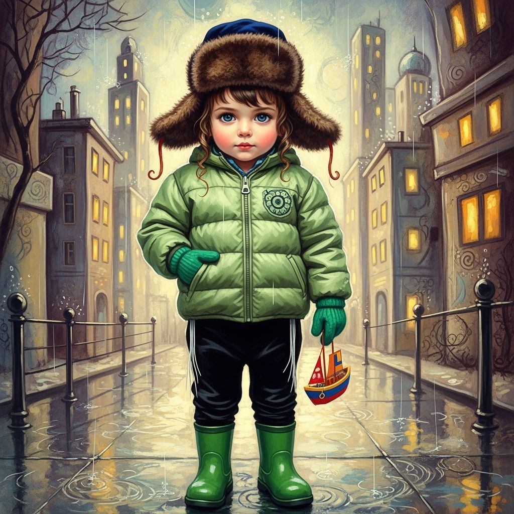 Jewish Boy in Green Jacket in Rainy Cityscape