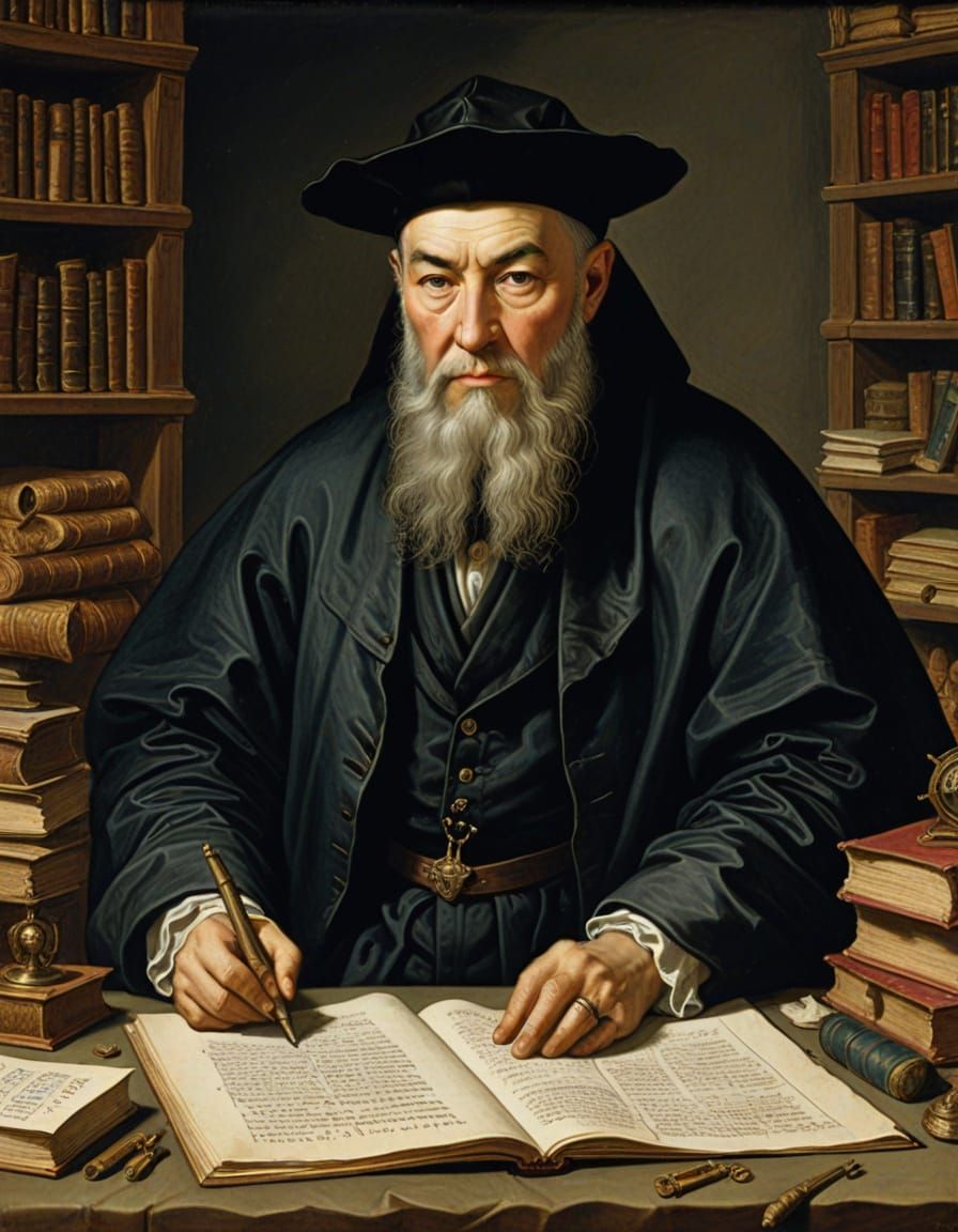 Nostradamus Writing Les Propheties in Dark Room
