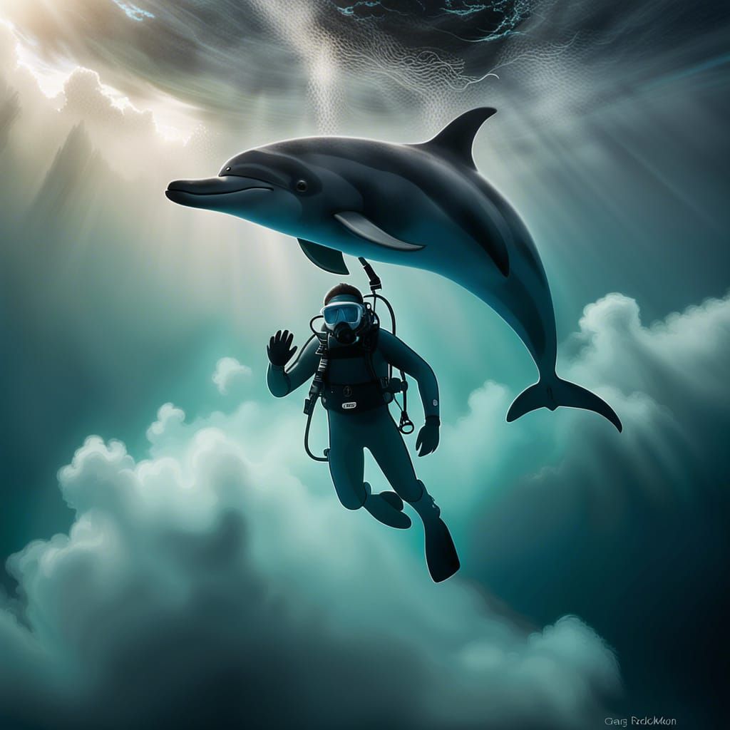 Diver and Dolphin Swimming in Clouds