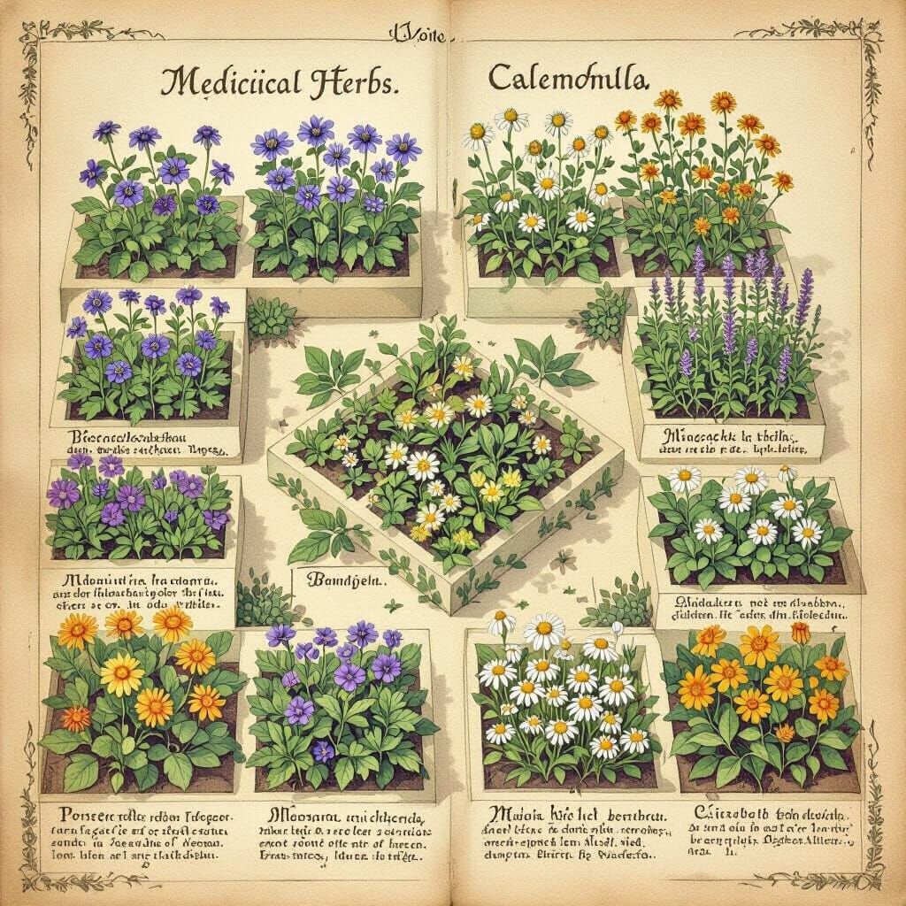 Vintage Botanical Illustration of a Physic Garden