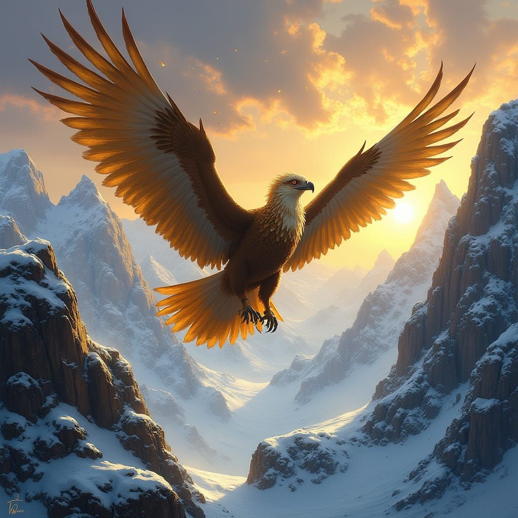 Griffin Soaring Over Snowy Mountains at Sunrise