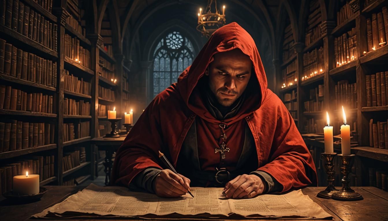 Monk Reads Scroll in Medieval Library