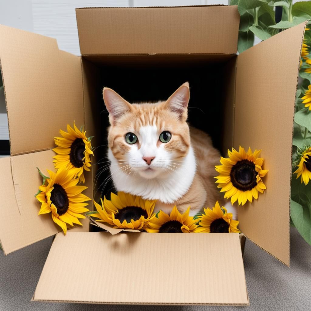 Cat in Sunflower Cardboard Box