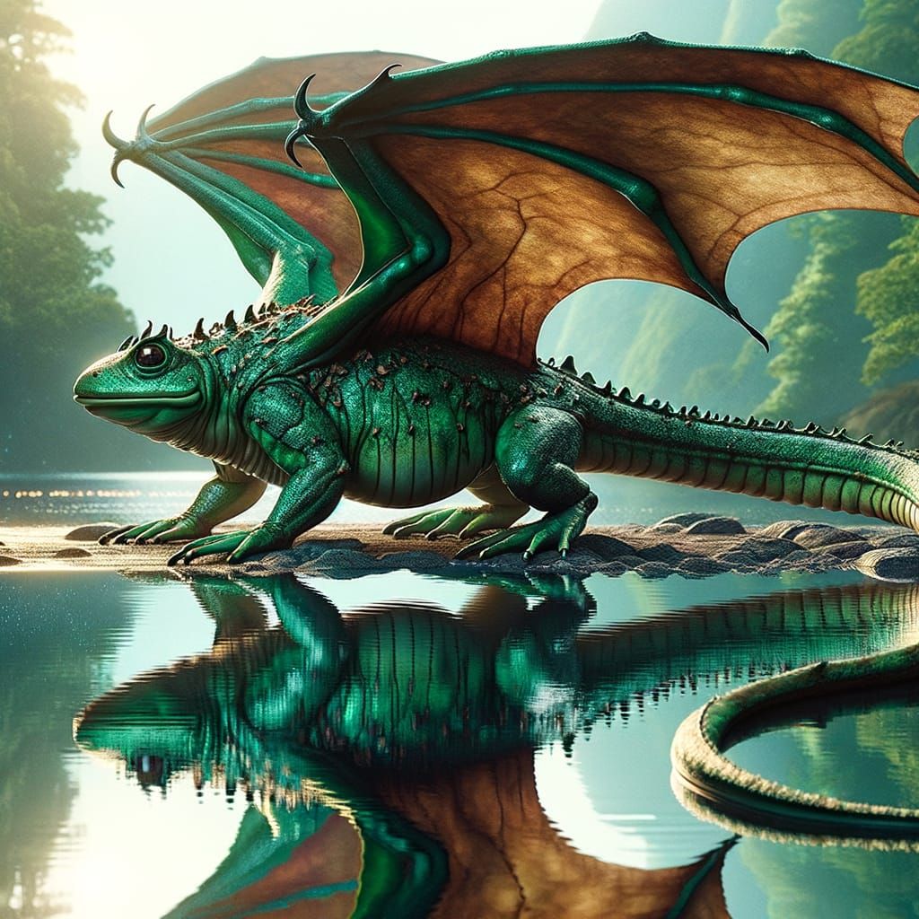 Giant Frog-Lizard-Bat Hybrid Creature by Water