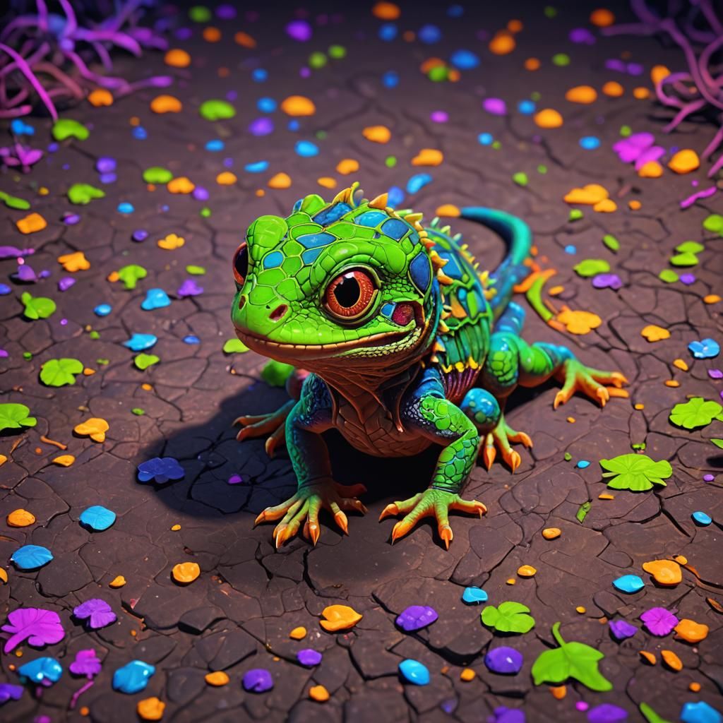 Cute Baby Lizard Blacklight Poster, Detailed Matte Painting