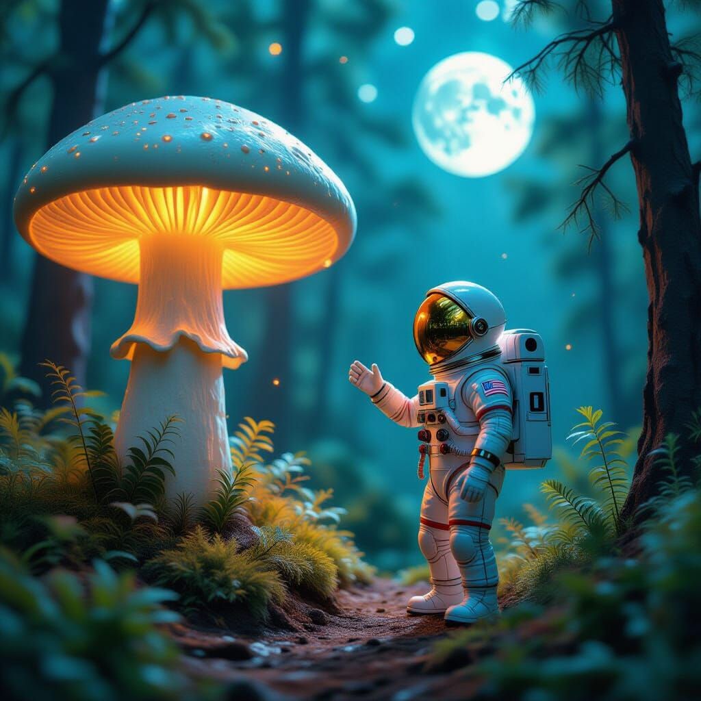 Astronaut and Bioluminescent Mushroom in Alien Forest