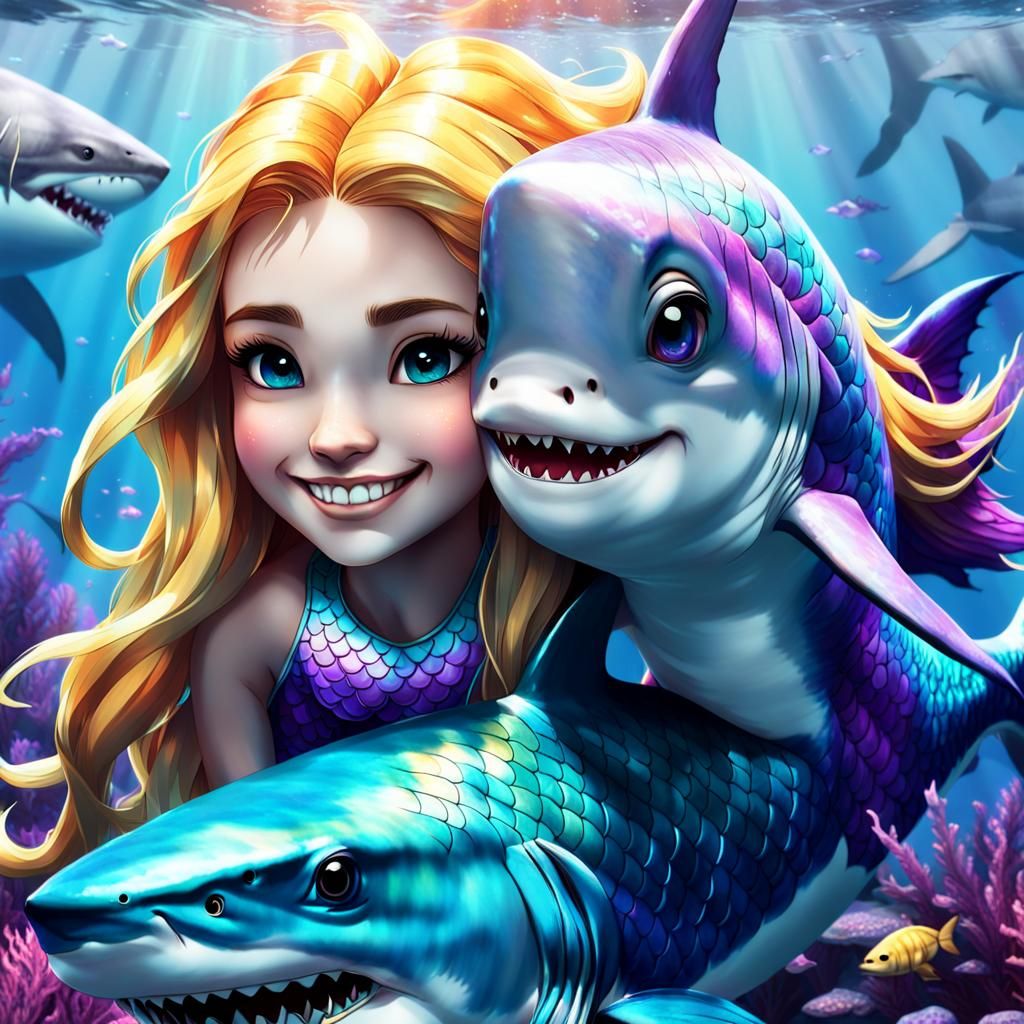 Smiling Mermaid with Shark in 3D Anime Art