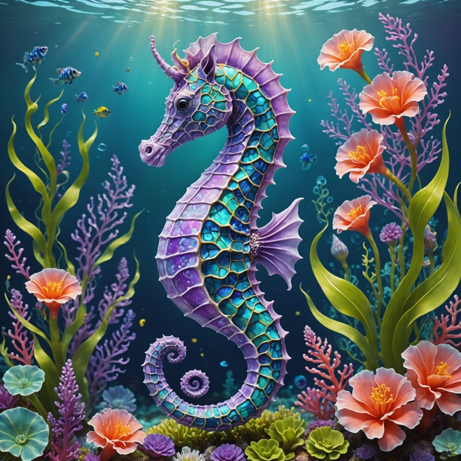 Ethereal Lilac Seahorse in Dreamy Underwater Scene
