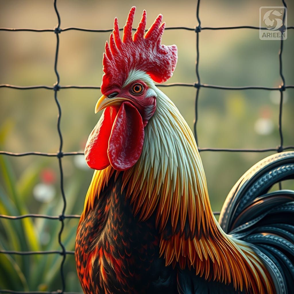 Vivid Gyotaku Rooster in Japanese Countryside