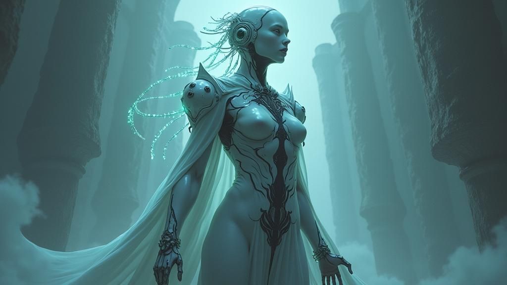 Opalescent Cyborg in Misty Fantasy Land