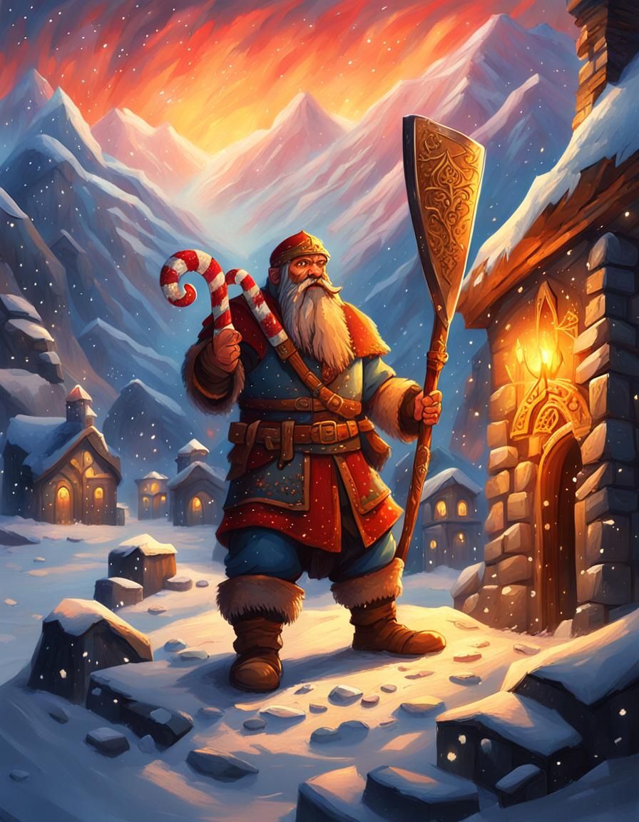 Dwarven Warrior with Candy Cane Axe in Oil Painting