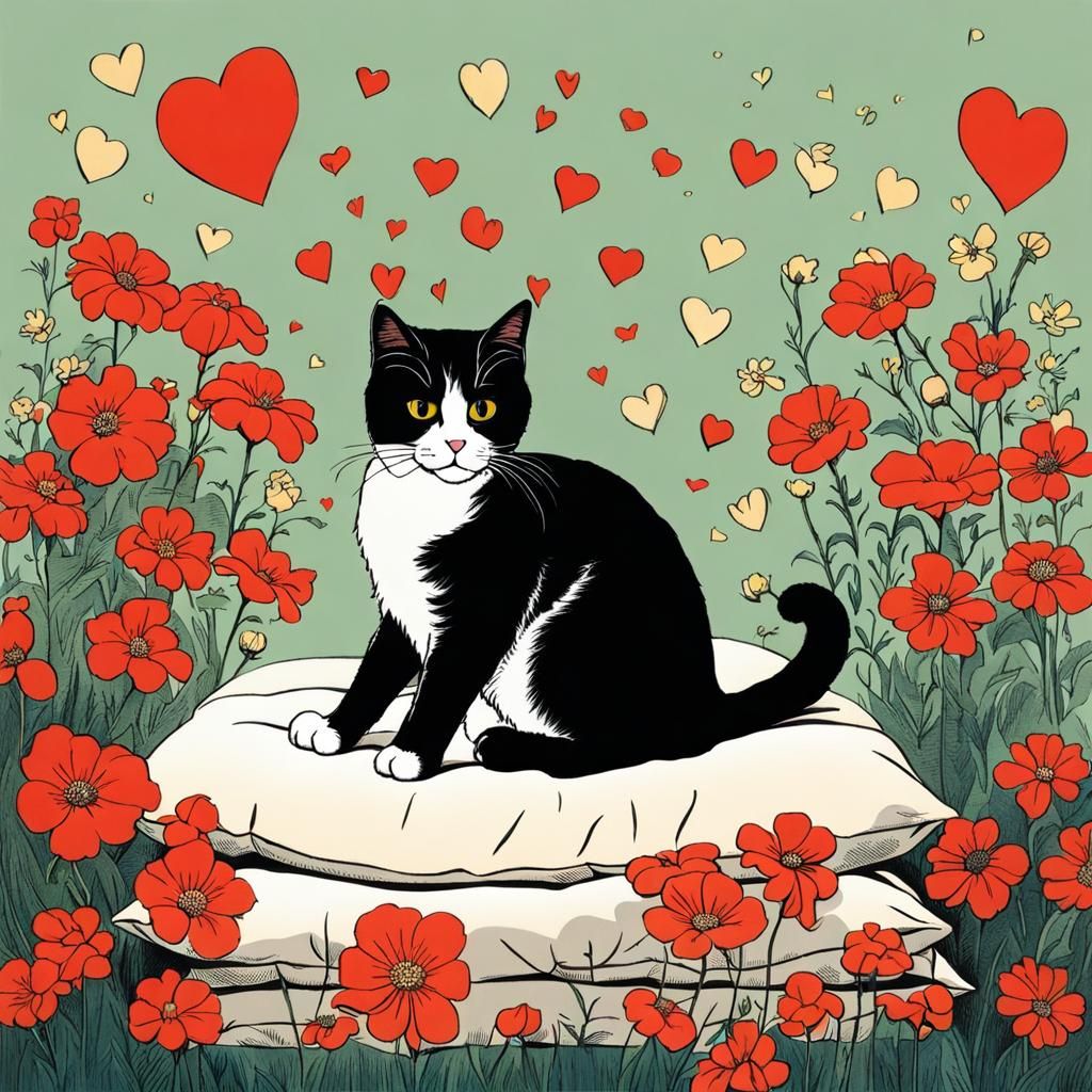Cute Cat with Flowers in Comic Art Style