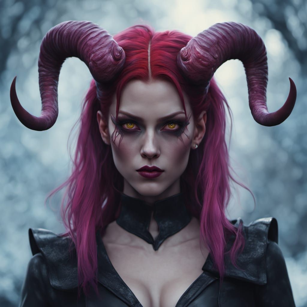 Dark Fantasy Woman with Red Horns in Cinematic Style