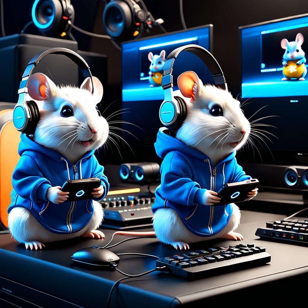 Chibi Hamsters Playing Video Games in Cyberpunk Style