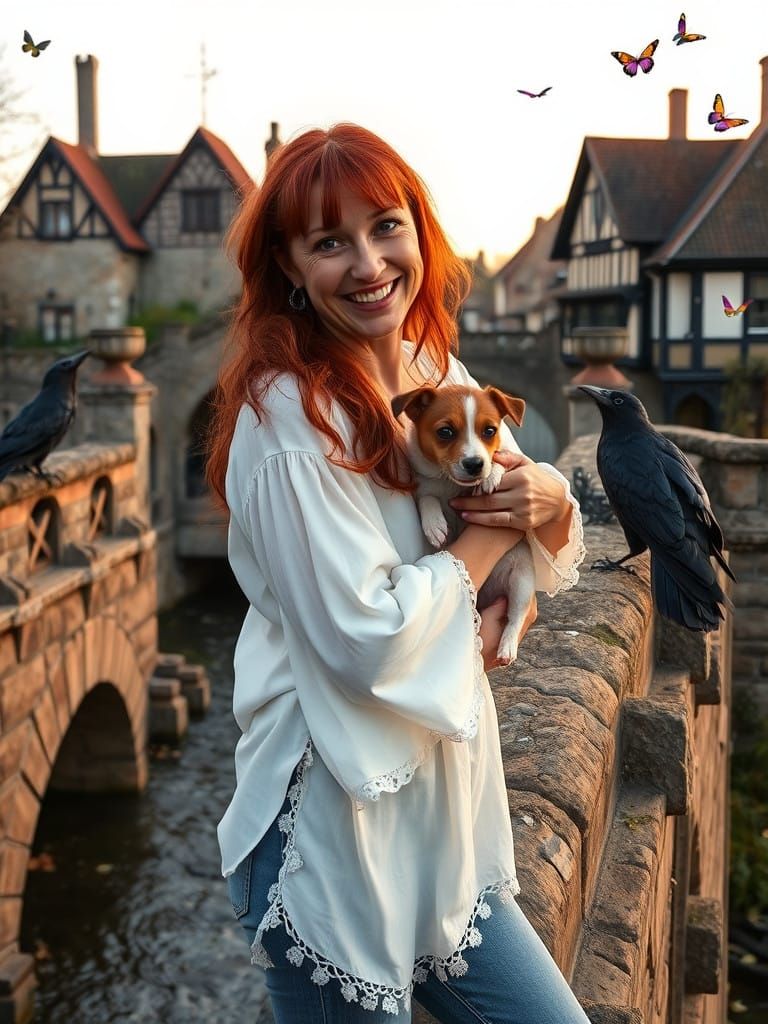 Warmly Smiling Woman on Medieval Bridge with Jack Russell