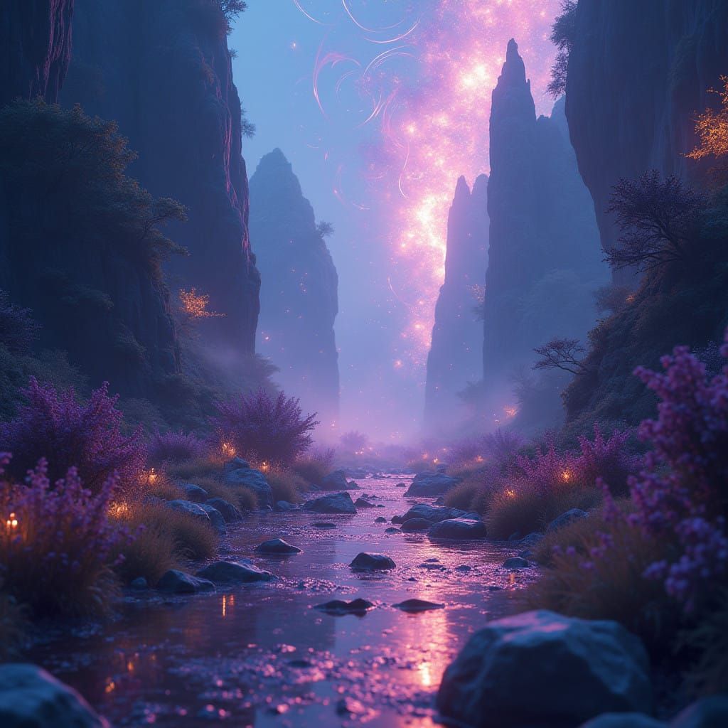 Breathtaking Dreamlike Landscape in Vibrant, Iridescent Colo...