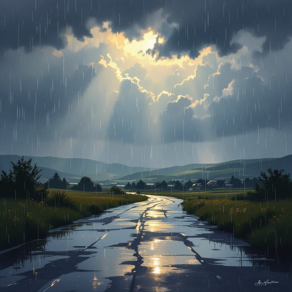 Passing Rain Showers with Sunlight, Cinematic Digital Painti...