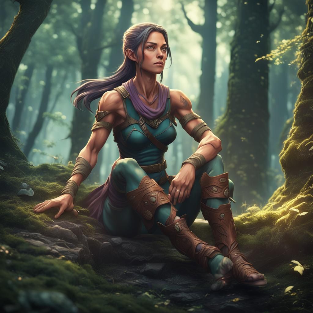 Anime Huntress Massaging Feet in Forest, Detailed Digital Pa...