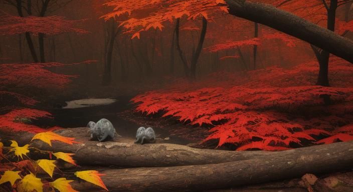 Ambystoma maculatum upon a log FOREST SCENE BLOOD MOON RED A...