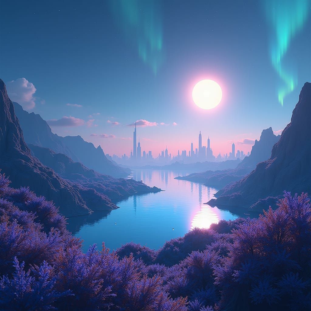 Sci-Fi Cityscape with Crescent Bay and Aurora