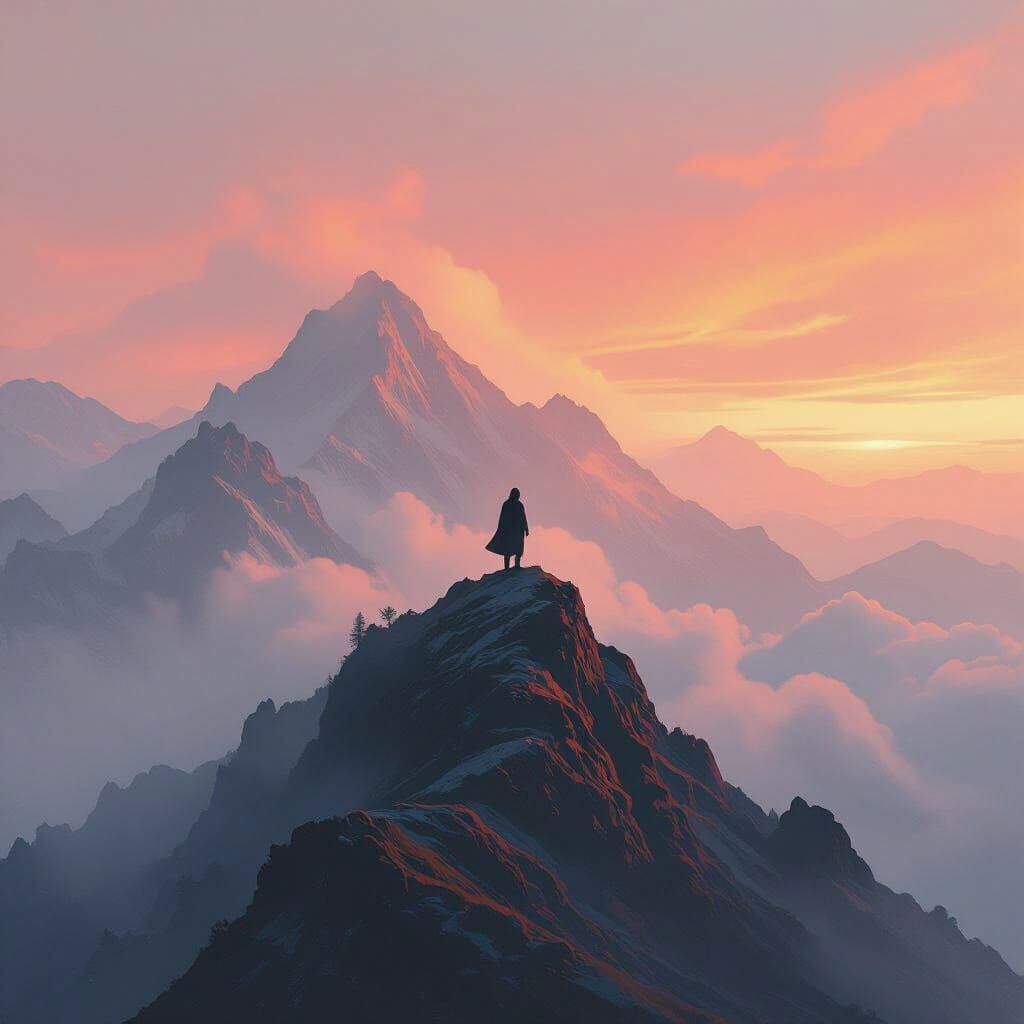 Lone Figure on Misty Peak Inspired by Digital Art