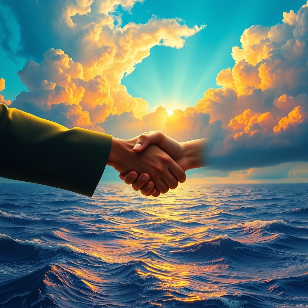 Majestic Handshake in a Cyberpunk Sunset