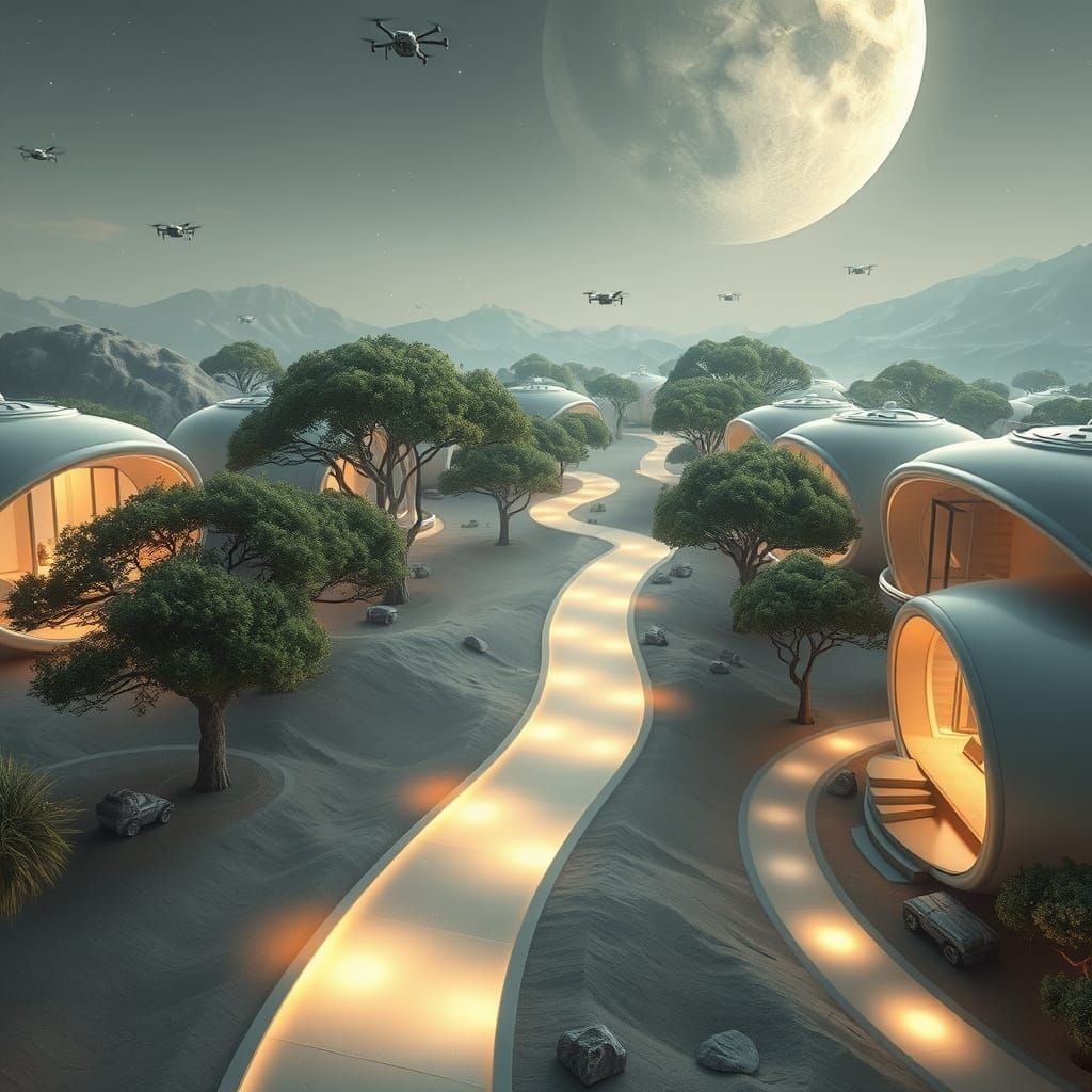 Lunar Neighborhood with Glowing Pathways and Curved Architec...