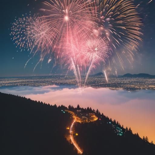A beautiful fireworks, which is seen from the top of a mount...