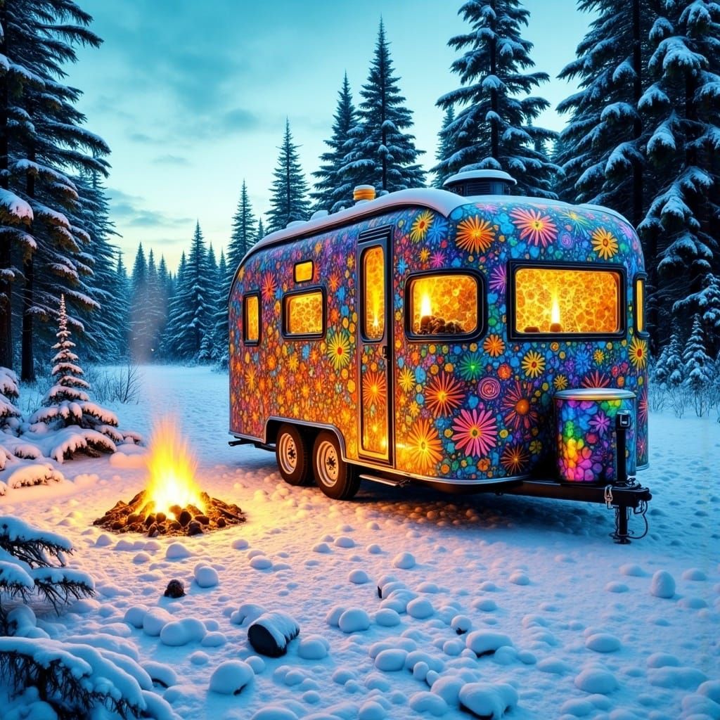 Psychedelic Camper Trailer in Winter Wonderland