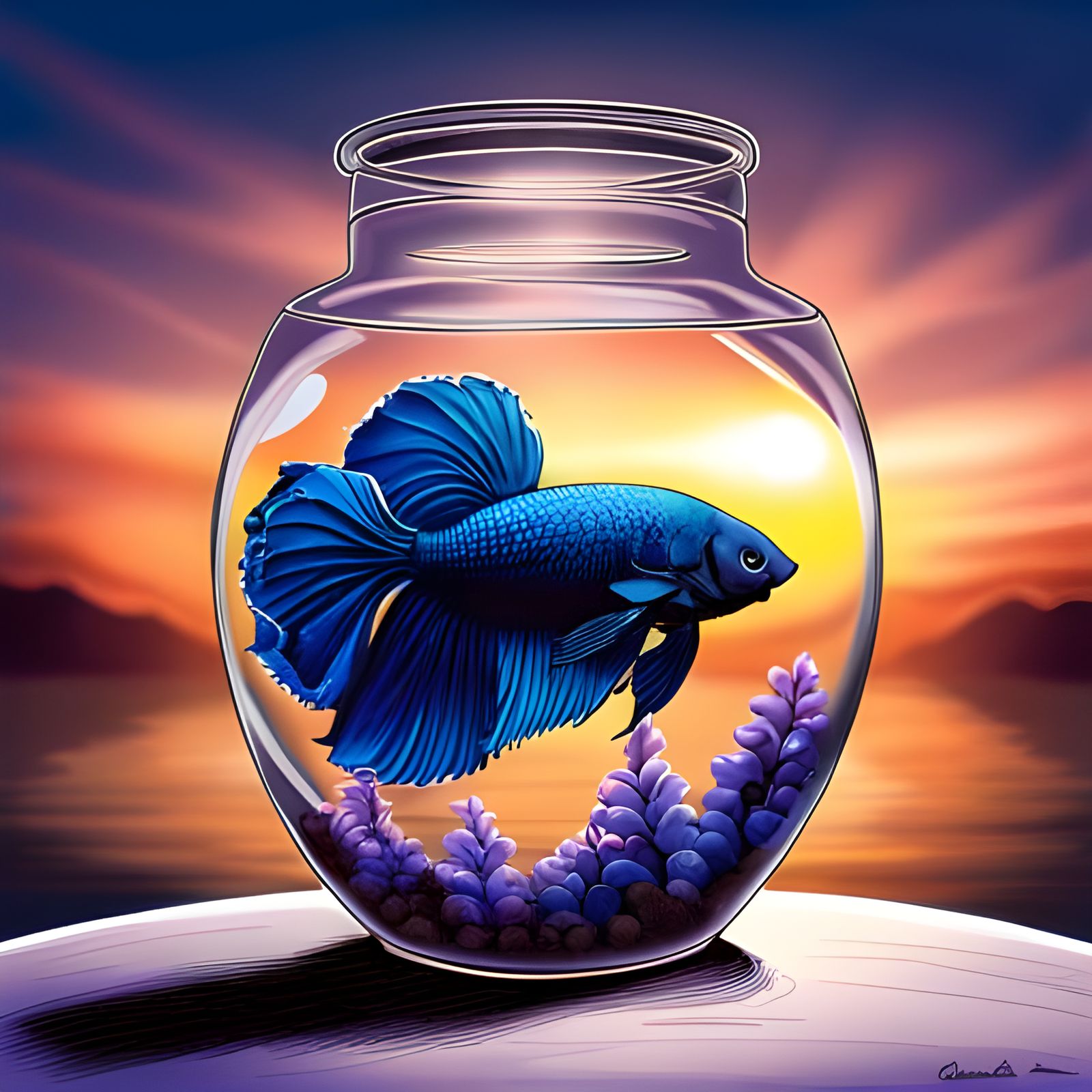 Blue Betta Fish inside of a jar
