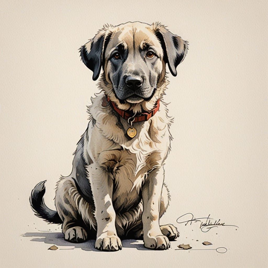 Joyful Anatolian Shepherd Charcoal Portrait