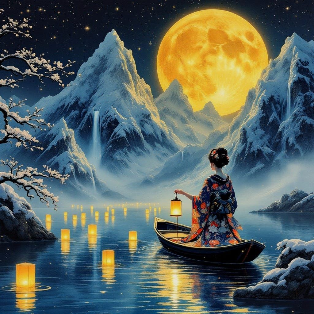 Ethereal Geisha Under Starry Night Sky with Gold Moon and La...