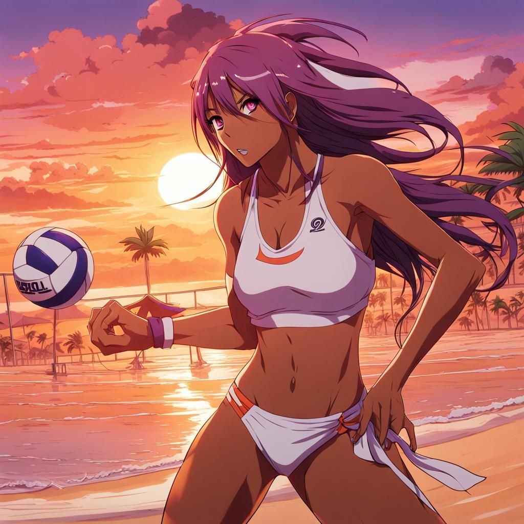 Anime Beach Volleyball at Sunset