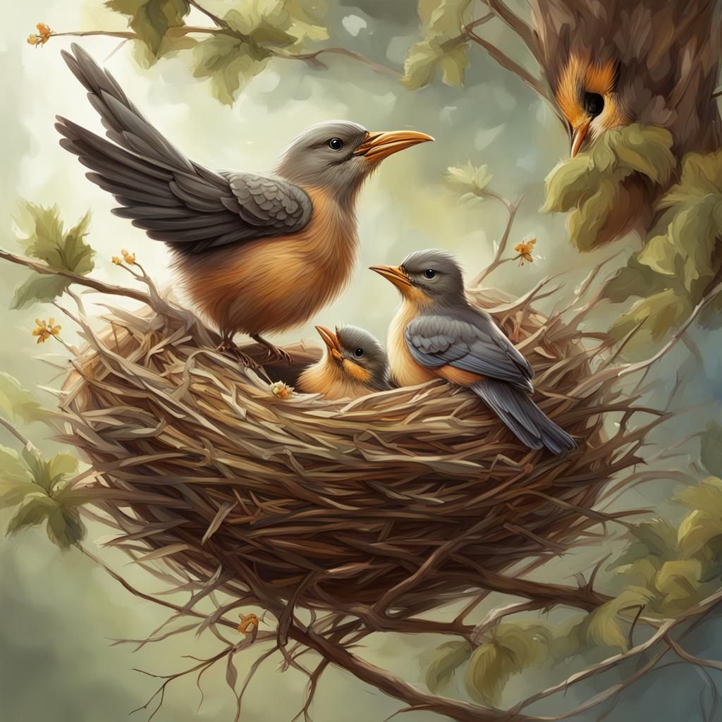 Mother Bird Feeding Babies: Digital Painting