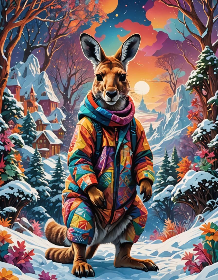 Kangaroo in Snowsuit: A Cubist Digital Art Masterpiece