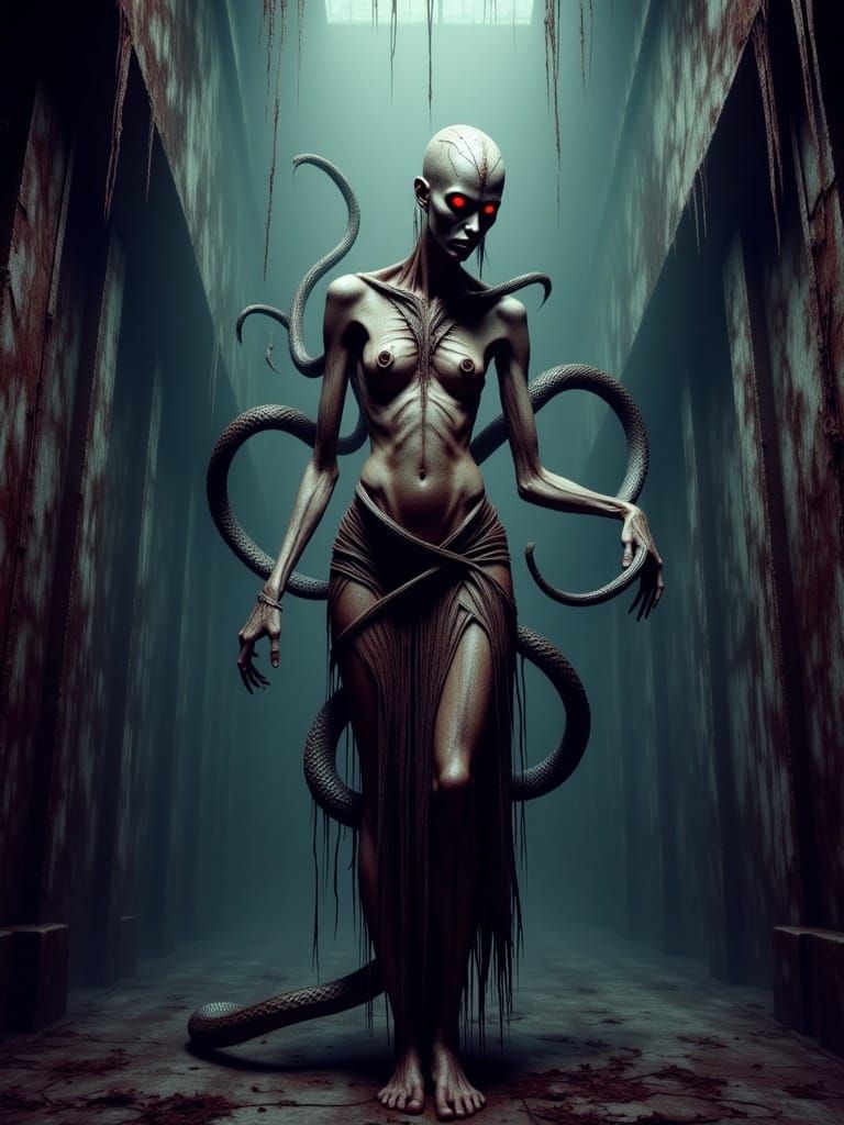 Ethereal Macabre Goddess Dances in Dark, Ghostly Temple