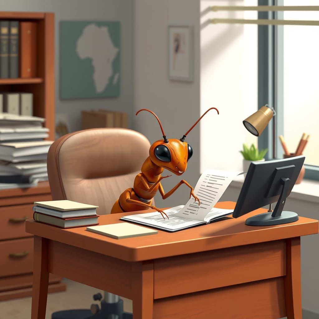 An anthropomorphic ant sitting doing taxes at a tiny desk in...