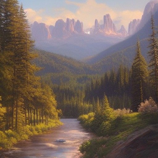 Forested Mountain City in Oil Painting Style